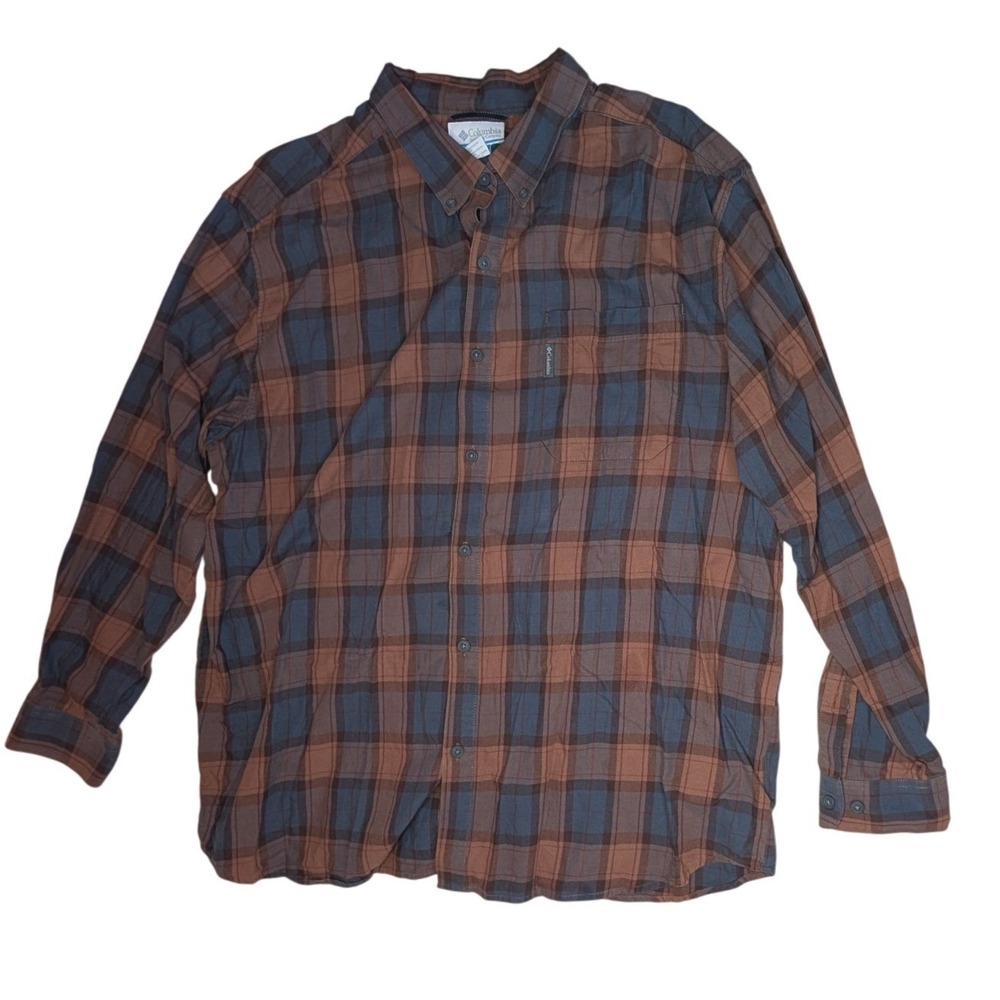 Columbia Mens XXL Brown Blue Plaid Cotton Long Sleeve Button Up Shirt 69724